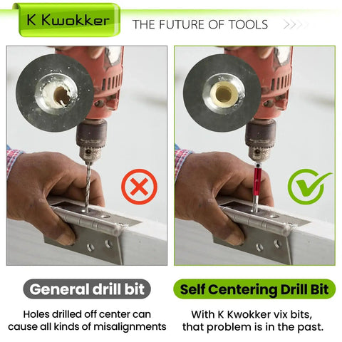 Comparison of general drill bit vs. self centering drill bit for hinges on metal and wood surface using Kwokker Vix Bit.