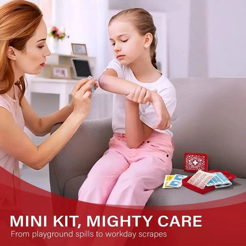 Mother using Pocket Aid Mini First Aid Kit With 50 Must Have Items In A Durable Hard Shell Case for travel, outdoor, school, camping.
