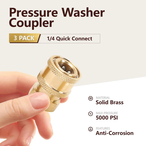 Brass Pressure Washer Fittings Kit Three Pack With One Quarter Inch Quick Connect To Female NPT Adapters, anti-corrosion