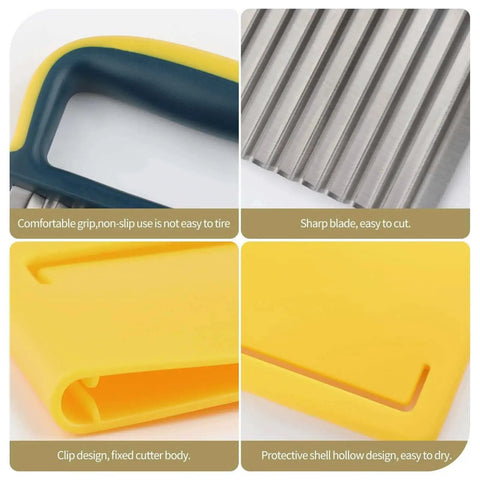 Close-up view of Crinkle Cutter Wave Knife, Stainless Steel Blade With Protective Case And Handle, Veggie Slicer, Yellow.