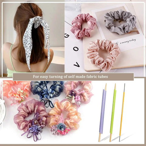 Quick Turn Fabric Set For Sewing Tubes, 3 Piece Assorted Size Tube Turners Made Of Wood Plastic And Metal next to fabric scrunchies