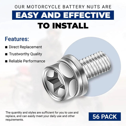 56 Piece Pro Grade Stainless Steel Motorcycle Battery Terminal Nuts And Bolts Kit For ATV Bike And Scooter Includes M6 Bolts In 10 12 16 And 20 Mm Sizes With Square Nuts Heavy Duty Repair Set showcasing bolt features.