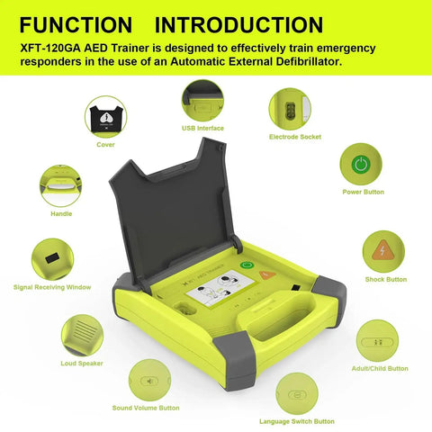 AED Trainer Pro 120GA XFT Defibrillator Simulator showing open lid with control labels for CPR training features, 2024 New Version.