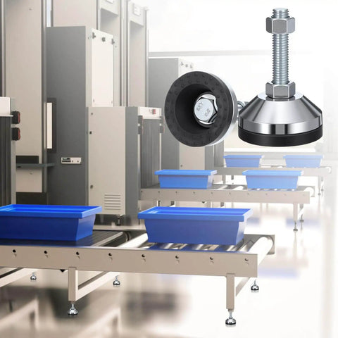 Heavy duty adjustable leveling feet with 2.36 inch base and M12 thread support up to 1300 lb shown in industrial setting