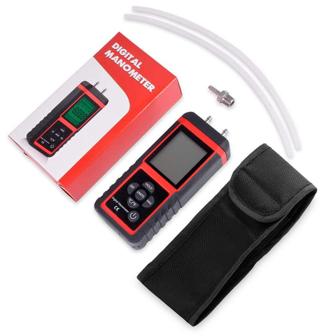 EHDIS manometer for HVAC with red/black housing, LCD display, dual ports, white hoses, and carrying case.