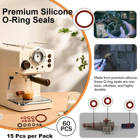 60Pcs Coffee Machine O Ring Seal Kit Silicone O Ring Replacement Set for Espresso Makers with heat-resistant seals visible
