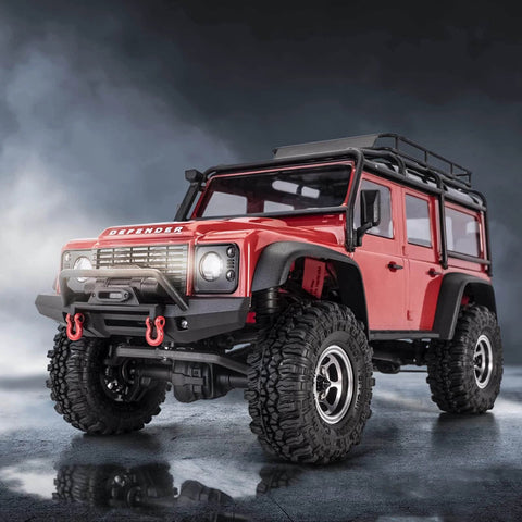 Red RC car with Grippy Soft Rubber Rock Crawler Tires 1.0 Beadlock Fit For 1/18 And 1/24 RC Cars, 56x22mm size, S5 compound.