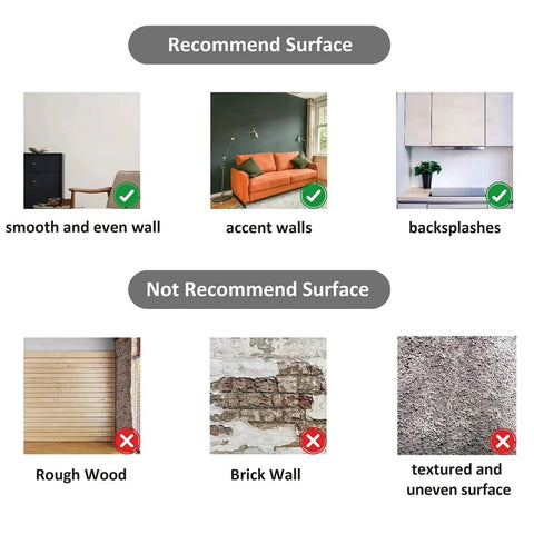 Surface suitability guide for Silver Antique Acrylic Wall Panels Set, showing recommended and not recommended surfaces.