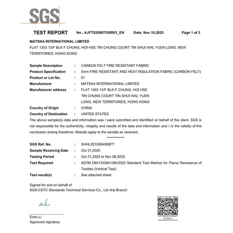 Test report for Flame Resistance of Textiles by SGS, showing certification details for Matska International Limited.