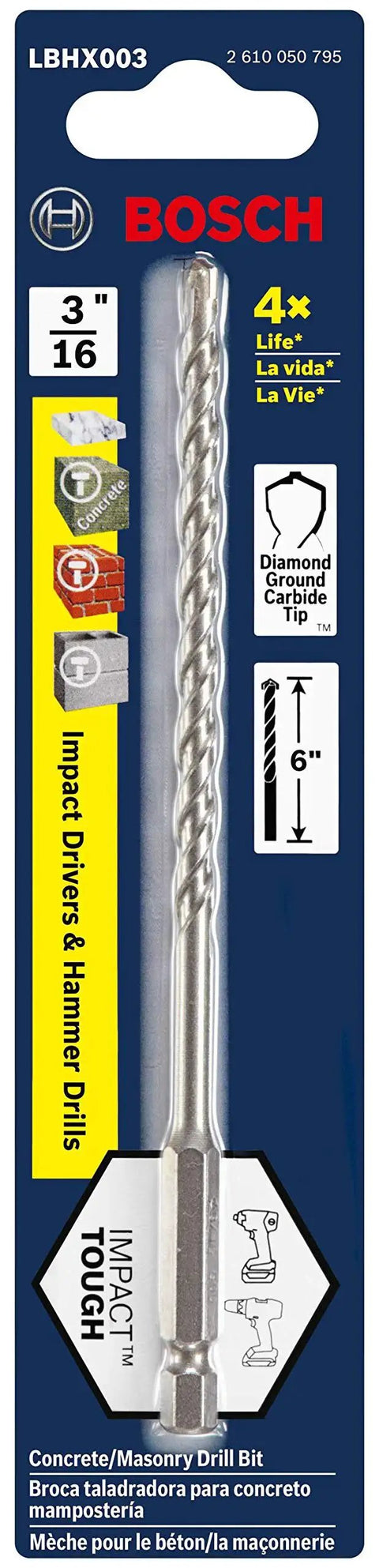 Carbide Tipped Masonry Drill Bit With Diamond Ground Tip And Upgraded Hex Shank For Hammer Drills And Impact Drivers 3/16 Inch By 6 Inch For Fast Material Removal And Long Bit Life Bosch LBHX003 in packaging