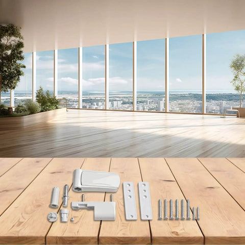 Aluminum 3D Adjustable Door Flag Hinge With Mute Buffer Soft Close For Double Glazed Doors, white components spread on floor.
