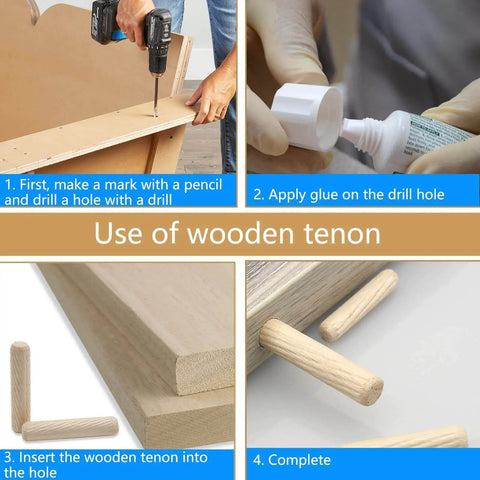 Steps showing use of wood dowel pins set 100 pack 10mm x 50mm beveled fluted hardwood dowels kiln dried eucalyptus for craft projects.