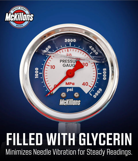McKillans power washer gauge with chrome bezel, 3/8 in push-to-connect, 0-6000 PSI, MPa/psi dual scale.