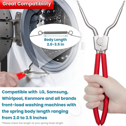 Washer boot-seal spring expansion tool and red-handled pliers; two tools shown near a front-load washer.