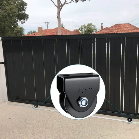 Sliding gate showing Four Pack V Groove Caster Two Point Five Inch Wheel Sliding Gate Wheel Rigid Caster For Rolling Gates