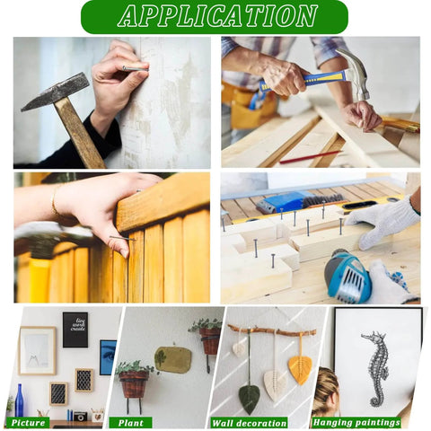 Applications of 320 Piece Premium Hardware Nails And High Hardness Wood Screws Kit for DIY projects like framing and wall hanging.