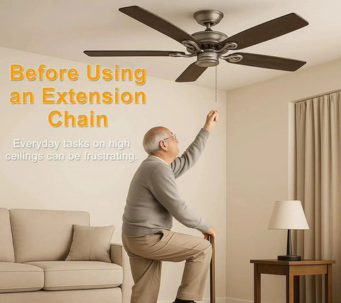 Man reaching for ceiling fan pull chain in living room without 120 Inch Ceiling Fan Pull Chain Extender With Stainless Steel Ball Chain 12 Connectors.