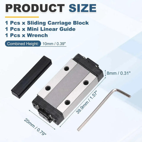 MGN9H Linear Bearing Carriage Block with Mini Guide and Wrench for 9mm Linear Motion Rails, dimensions labeled