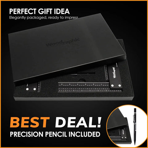 Woodraphic Premium 8 Inch Aluminum Carpenter Square in elegant packaging with precision pencil, pro level right angle marking tool.