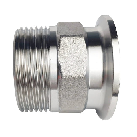 LOZOME 1.5 in sanitary tri-clamp to NPT 1-1/4 in hex male thread adapter, side view, 304 stainless steel.
