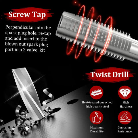 Two Valve Ford Triton Spark Plug Thread Repair Kit For 4.6L 5.4L V10 Engines showing screw tap and twist drill details