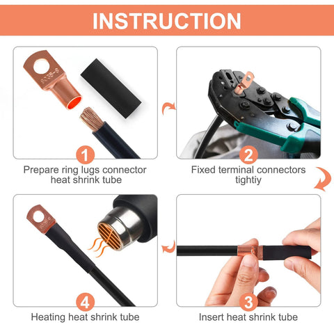 Copper wire lugs and heat shrink set shown in a four-step instruction diagram: ring terminals, crimp, insert, shrink.