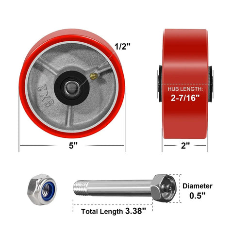 Heavy Duty Five Inch By Two Inch Polyurethane On Cast Iron Wheel With One Half Inch Bore Axle, side and front views, dimensions shown