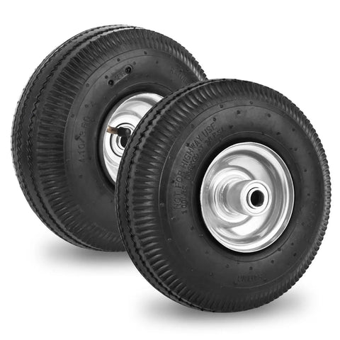 10 Inch Pneumatic Wheel Set With 4.10/3.50-4 Tire, 2.2 Inch Offset Hub and 5/8 Inch Bearings, rubber tire and steel rim, Pack of 2