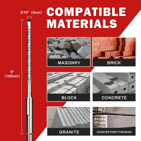SDS Plus Rotary Hammer Drill Bit Set for concrete and masonry, ten piece, 3/16 inch diameter by 6 inch length, material compatibility