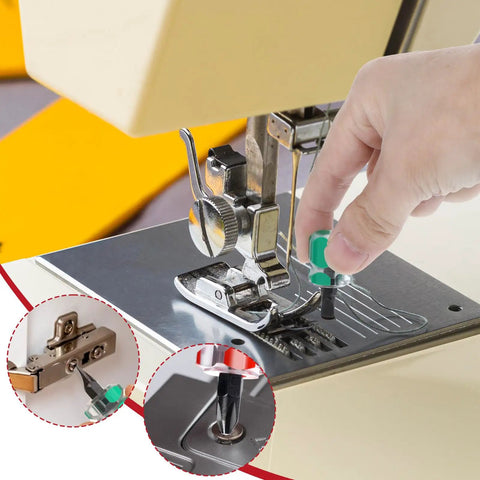 Sturdy Stubby Screwdriver Set for Sewing Machines used for needle plate adjustments, showing close-up of tool in tight space.