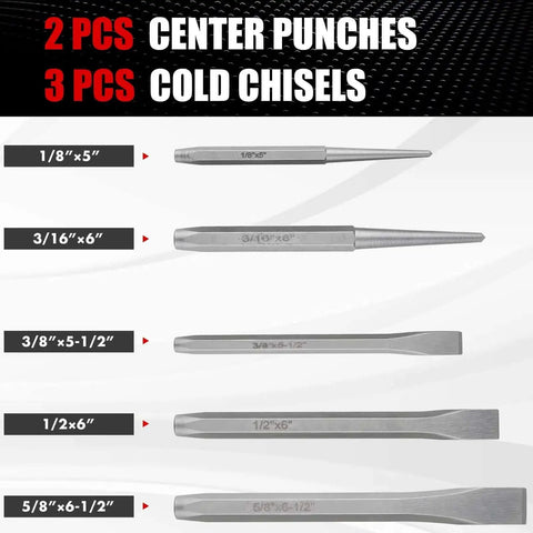 Pro Grade 16 Piece Punch And Chisel Set with center punches and cold chisels dimensions shown, heat-treated chrome vanadium.