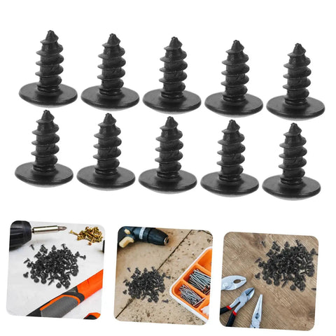 Miniature Metal Screws Set Of 100 Self Tapping Mounting Fasteners For Furniture Repair And DIY Projects, close-up view of screws.