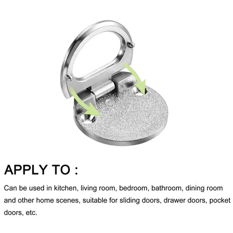 Flush Ring Pull Handles 43.5mm Zinc Alloy Flush Pull Slam Latch with screws, dark silver, shown open, ideal for drawers and sliding doors.