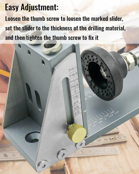 Side view of Pro Grade All Metal Pocket Hole Jig Kit For Woodworking, featuring adjustable sliding scale and thumb screw detail.
