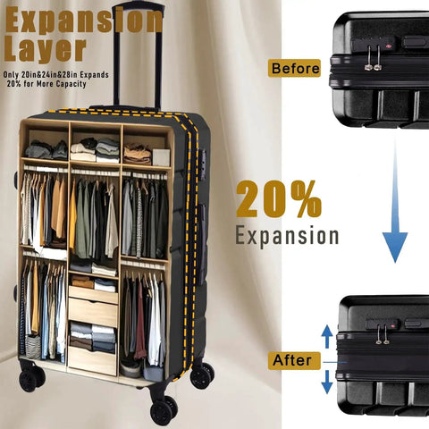 Expandable 3 Piece Luggage Set For Travel With Spinner Wheels And TSA Lock, 20 Inch Carry On Hardshell ABS Plus PC showcasing expansion layer