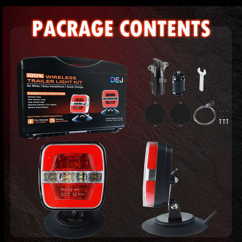 DEJ wireless trailer light kit, 2-pack with magnetic mounts; red LED taillights and mounting hardware.