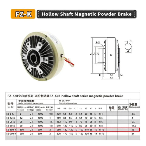 Hollow Shaft Magnetic Powder Brake DC 24V For Tension Control And Unwinding, 100 Nm Torque, 10 Kg Load, 1000 RPM, front view