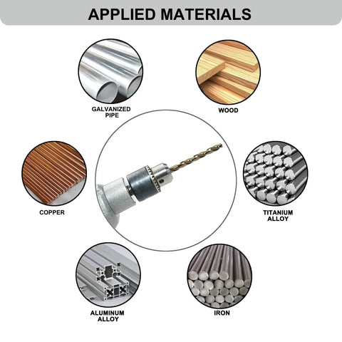 Heavy Duty 1/8 Inch Cobalt Drill Bits Set M35 HSS 135 Degree Tip Jobber Length Twist Drill Bit Kit For Hard Metal Stainless Steel Cast Iron Wood And Plastic With Durable Storage Case Pack Of 10 materials diagram showing applicable materials like galvanized pipe, wood, copper, titanium alloy, aluminum alloy, and iron.