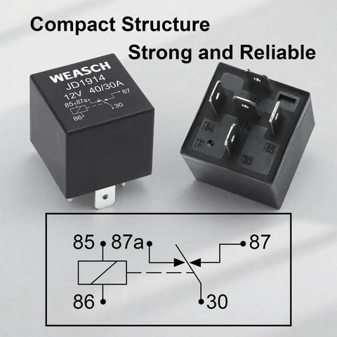 Image of 12V 3 Way Fuse Relay Kit With 5 Pin SPDT 40A Heavy Duty 12 AWG Copper Wires showing the relay component and wiring diagram.
