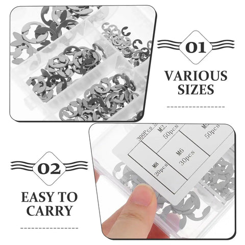 All In One Stainless Steel Hardware Kit Featuring 300 Pcs Open Split Washers And E Type Circlips 304 Stainless Retaining Ring Assortment in a plastic case