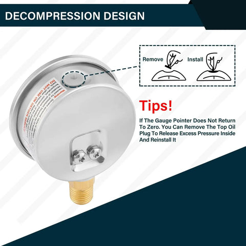 Tough As Nails Two And A Half Inch Dial Liquid Filled Pressure Gauge decompression design with stainless steel case and brass parts.