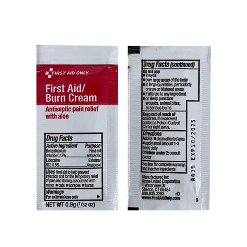 Close-up of first aid burn cream sachet from the All Purpose 57 Piece Emergency First Aid Kit For 10 People, Ideal For Office, Worksite, Home, And Car.
