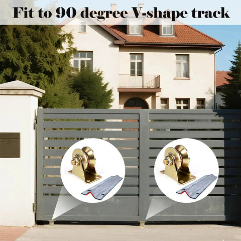 Heavy Duty 2 Inch V Groove Wheel Gate Casters Set With Brackets For Inverted V Track Rolling Gates installed on driveway gate