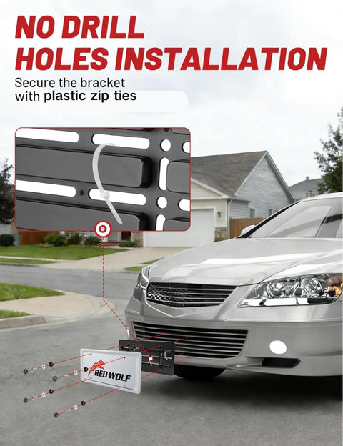 Universal Front License Plate Bracket Holder Frame For Cars Trucks And SUVs Beefy Black Easy Mount With 6 Screws And Wrench Kit Durable 6 X 12 Inch Flat Mount installed on a vehicle front with zip ties.