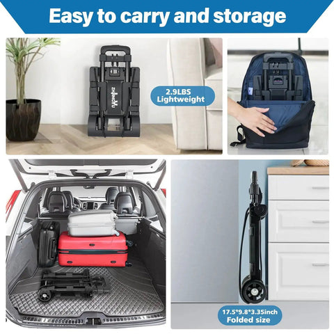 Collapsible hand truck dolly shown folded in a backpack, car trunk, and standing against a wall, highlighting lightweight portability.