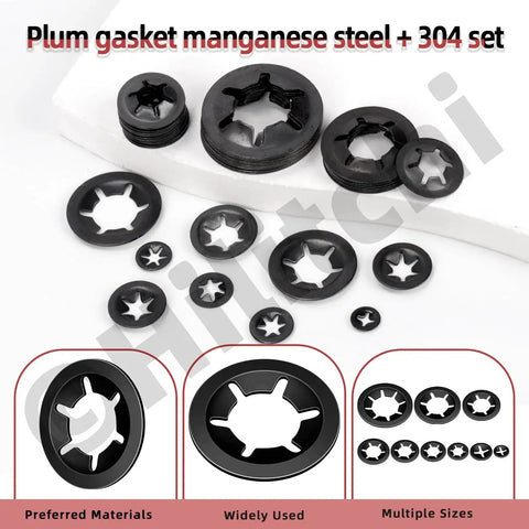 Front view of Hilitchi 351Pcs nine-size internal-tooth star lock washers set, black oxide steel, M2–M12, with tweezers