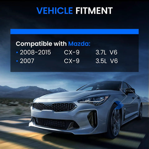 Image showing vehicle fitment information for Mazda CX-9 models with 3.7L and 3.5L V6 engines from 2007 to 2015.