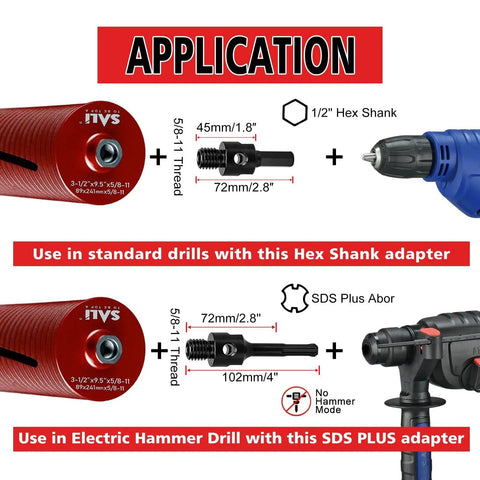 Diamond Core Drill Bits by SALI 2 1/2 Inch Diameter Heavy-Duty showing application with hex shank and SDS Plus adapter