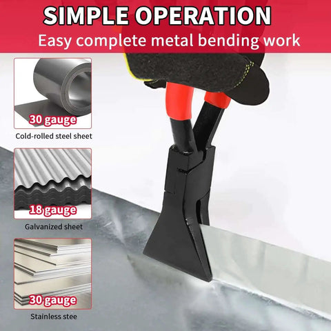 3-Piece Hand Seamers Sheet Metal Tools Set demonstrating bending a sheet with rubber-gripped jaws on metal surface.