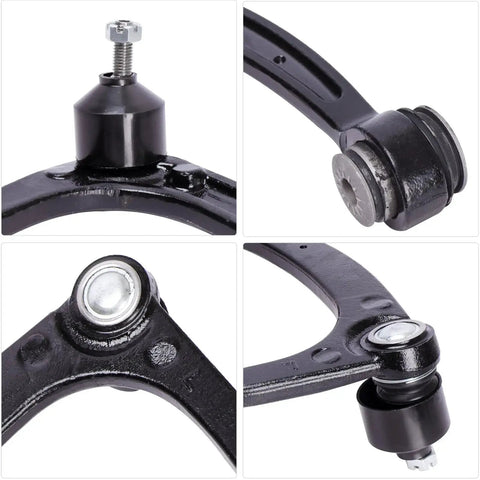 10pc front suspension kit components in black metal with silver hardware; includes upper control arms and ball joints.